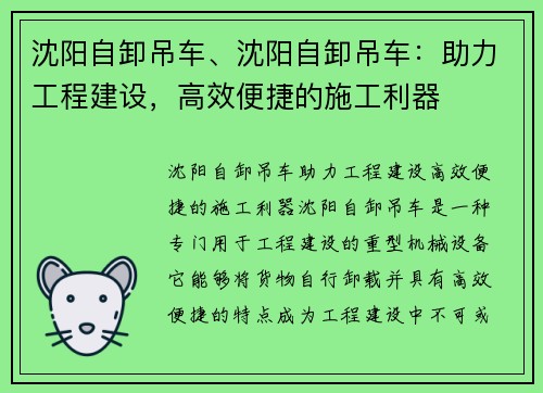 沈阳自卸吊车、沈阳自卸吊车：助力工程建设，高效便捷的施工利器